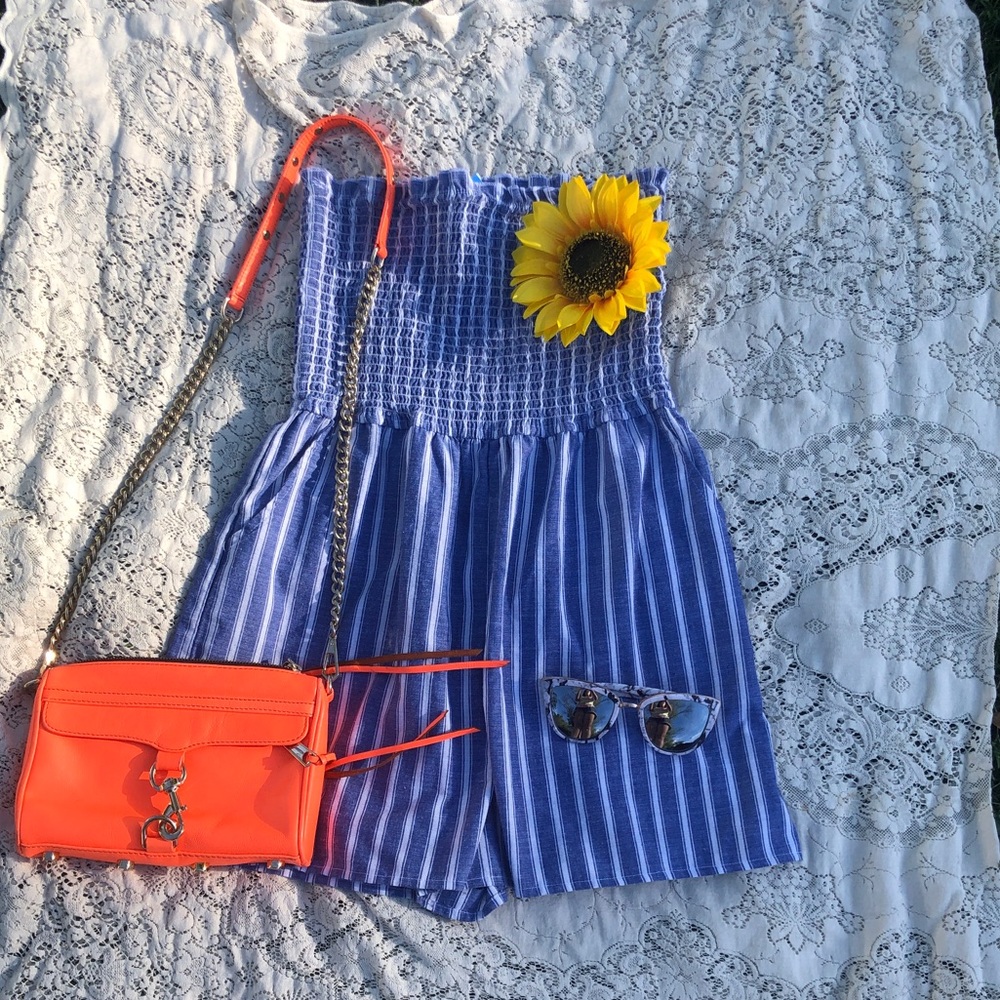 Smocked Blue and White Chambray Striped Romper